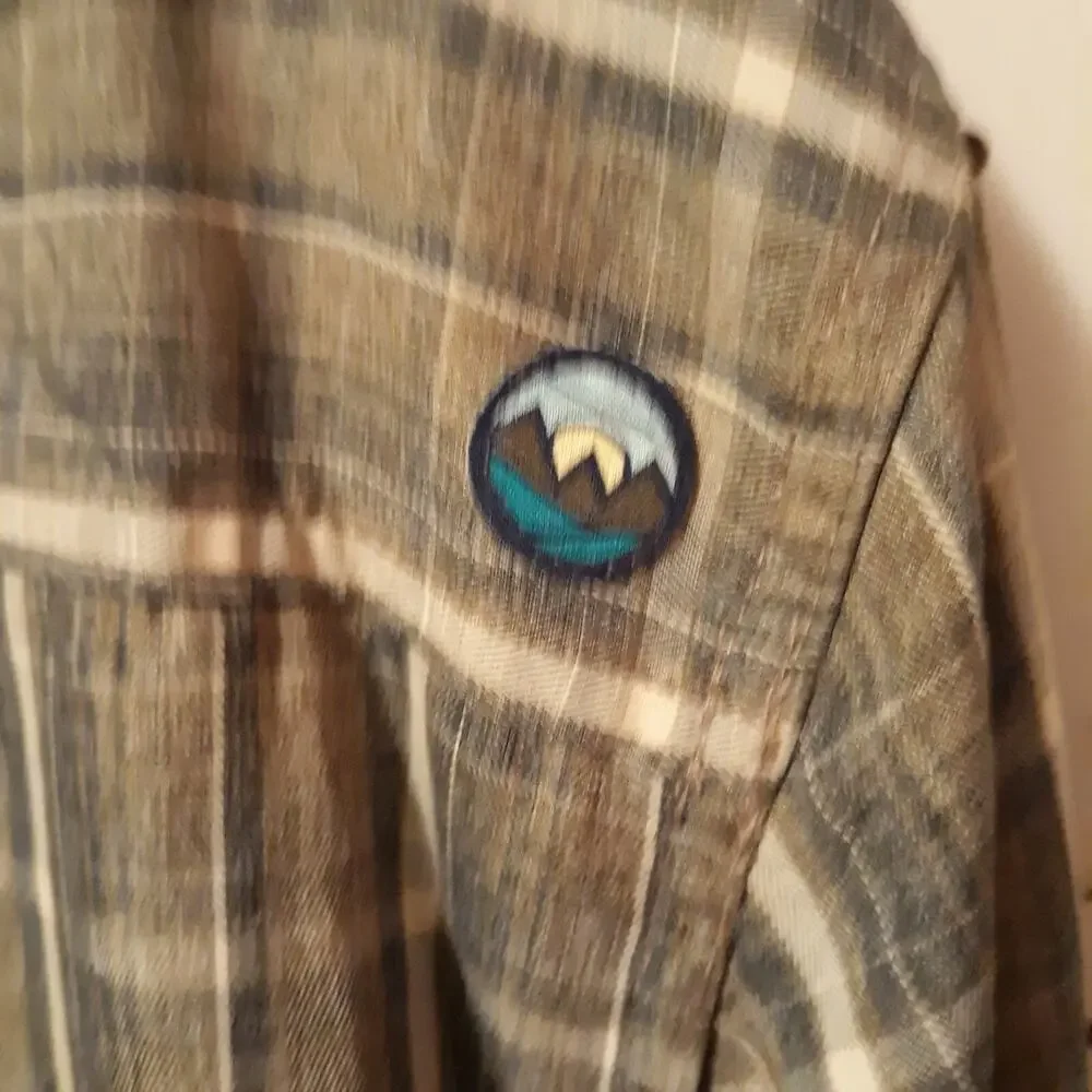 Wrangler Outdoors Mens Shirt XL Plaid Button Up Roll Tab Sleeve Grays Tans - Picture 5 of 11